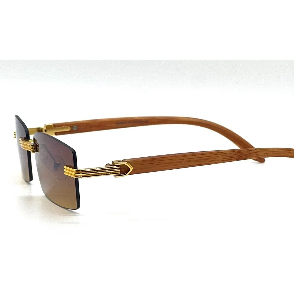 Rimless Rectangle Sunglasses Gold Accents Wood Arms Brown Gradient Lens Hip‎ Hop